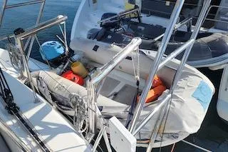 Buzio Yacht Photos Pics 2014 Lagoon 380 S2 yacht with dinghy and equipment on deck.