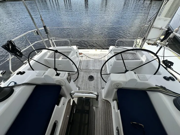 Blue Yacht Photos Pics Dual helm stations on a 2006 Hanse 461 yacht, overlooking calm waters.