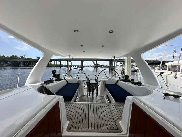 Blue Yacht Photos Pics 2006 Hanse 461 yacht cockpit with dual steering wheels, docked by a bridge.