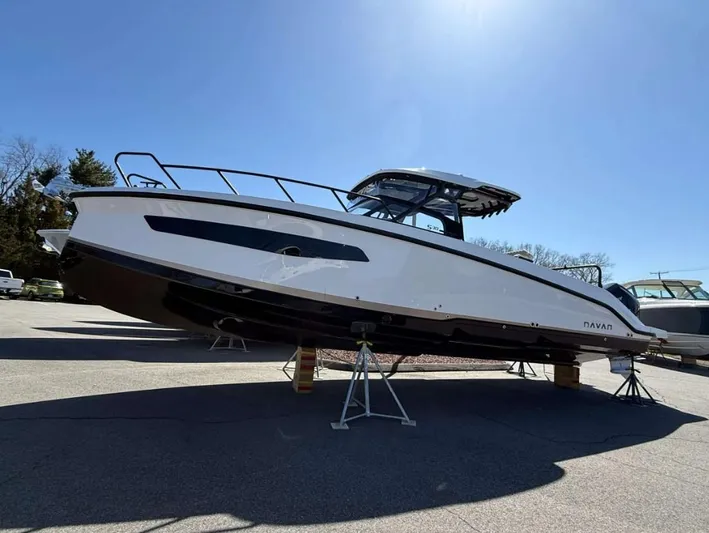  Yacht Photos Pics 2025 Navan S30 boat on stands under clear blue sky.