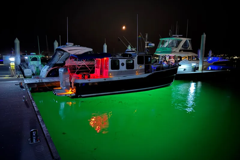Lady Mary Yacht Photos Pics 2009 Ranger Tugs R-29 boat docked at night with vibrant green underwater lights.