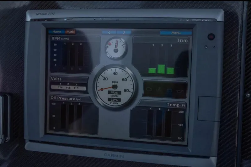  Yacht Photos Pics Garmin GPS display on 2014 Nor-Tech 390 Sport Cuddy Center Console boat dashboard.