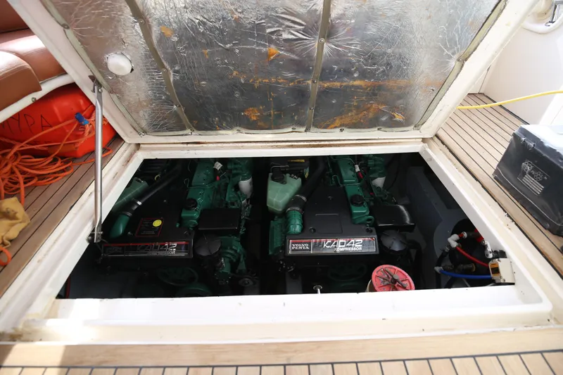  Yacht Photos Pics Engine compartment of a 1993 Princess 366 Riviera yacht, featuring Volvo Penta KAD42 engines.
