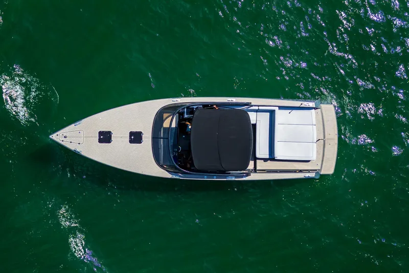 Drakaris Yacht Photos Pics Aerial view of 2014 VanDutch 40 yacht on green water.