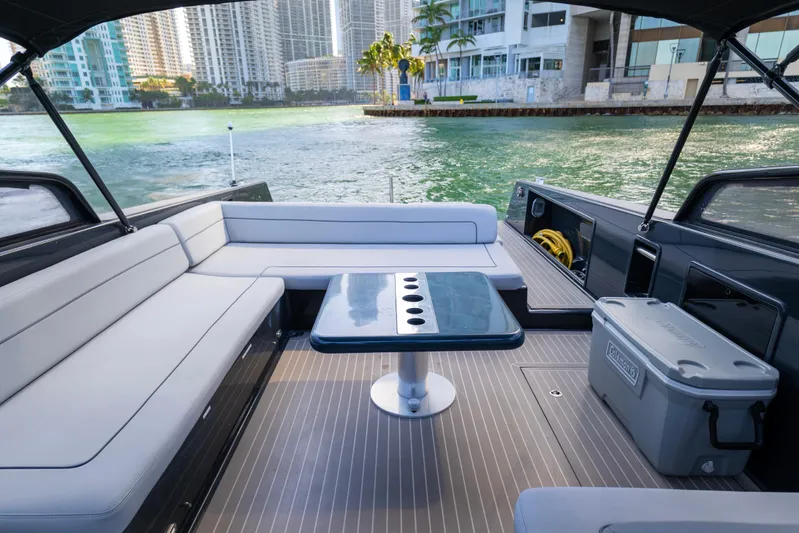 Drakaris Yacht Photos Pics Luxurious 2014 VanDutch 40 yacht interior with sleek seating and waterfront view.