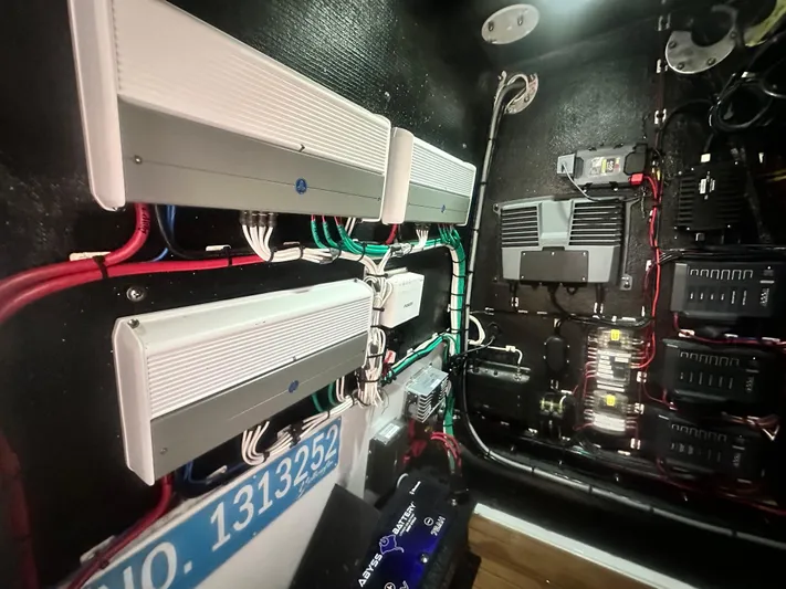  Yacht Photos Pics Electrical system inside a 2021 Yellowfin 36 Offshore boat, featuring wiring and components.