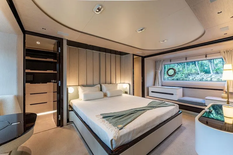  Yacht Photos Pics Luxurious bedroom interior of 2022 Azimut GRANDE 25 METRI yacht with modern design.