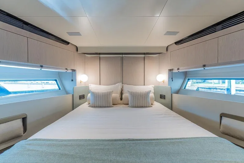  Yacht Photos Pics Luxurious bedroom interior of 2022 Azimut GRANDE 25 METRI yacht with modern design.