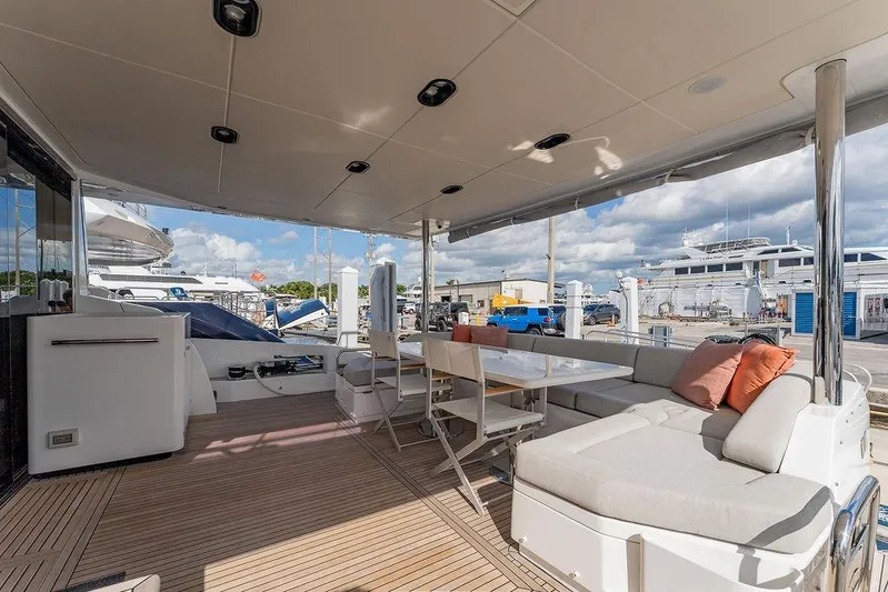  Yacht Photos Pics Luxurious deck of 2022 Azimut GRANDE 25 METRI yacht with seating and table.