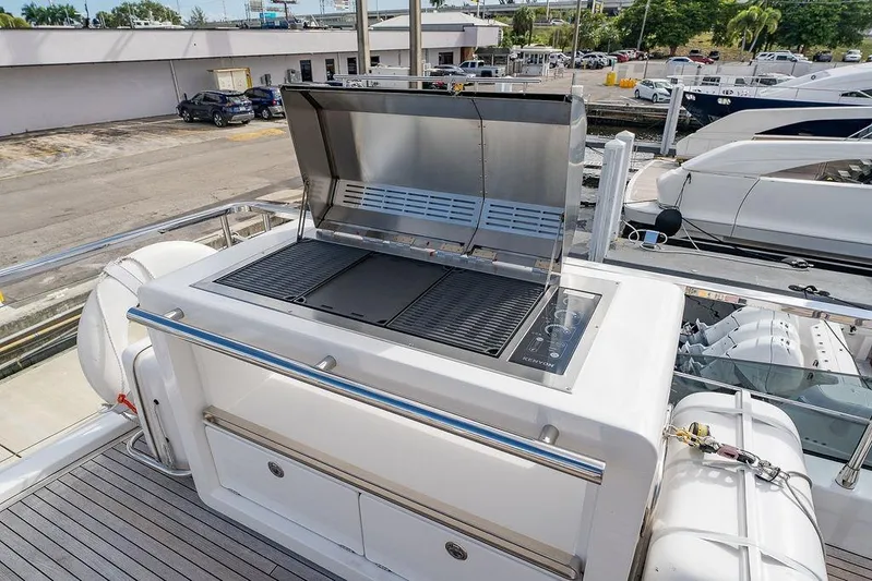  Yacht Photos Pics Outdoor grill on 2022 Azimut GRANDE 25 METRI yacht deck, docked at marina.