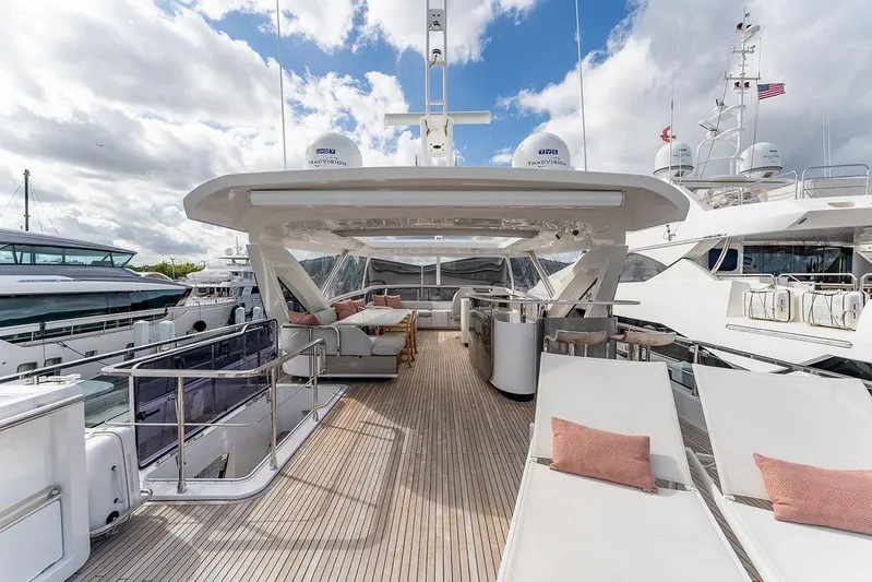  Yacht Photos Pics Luxurious 2022 Azimut GRANDE 25 METRI yacht deck with elegant seating and sun loungers.