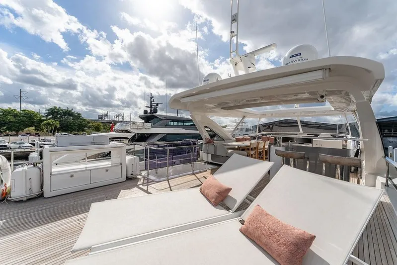  Yacht Photos Pics Luxurious Azimut GRANDE 25 METRI yacht deck with sun loungers and bar, 2022 model.