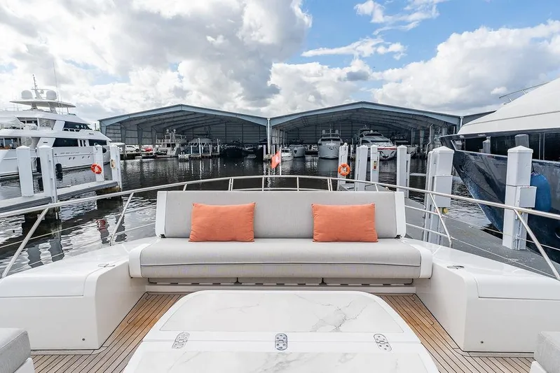  Yacht Photos Pics Luxury Azimut GRANDE 25 METRI yacht, 2022 model, docked with elegant seating and marina view.