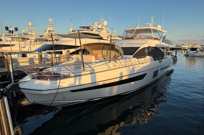  Yacht Photos Pics 2025 Azimut Yachts 25 Metri Grande luxury yacht docked at marina during sunset.