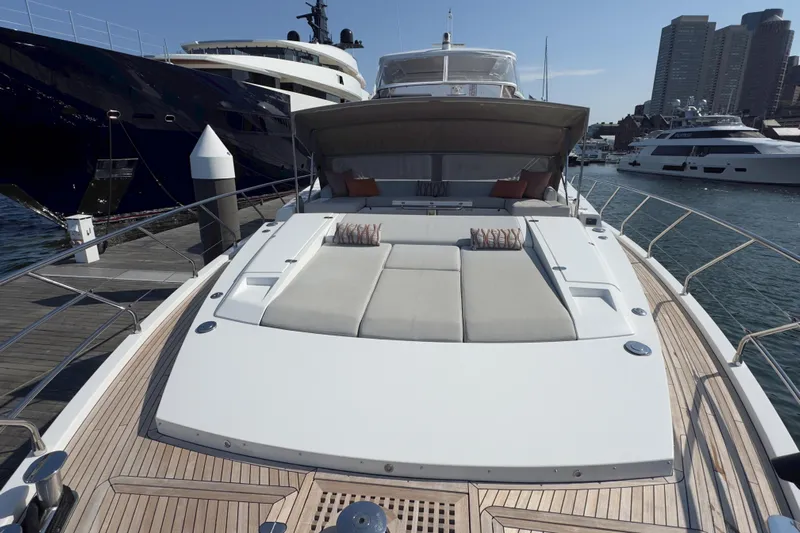  Yacht Photos Pics Luxurious 2025 Azimut Yachts 25 Metri Grande docked, showcasing elegant deck design.