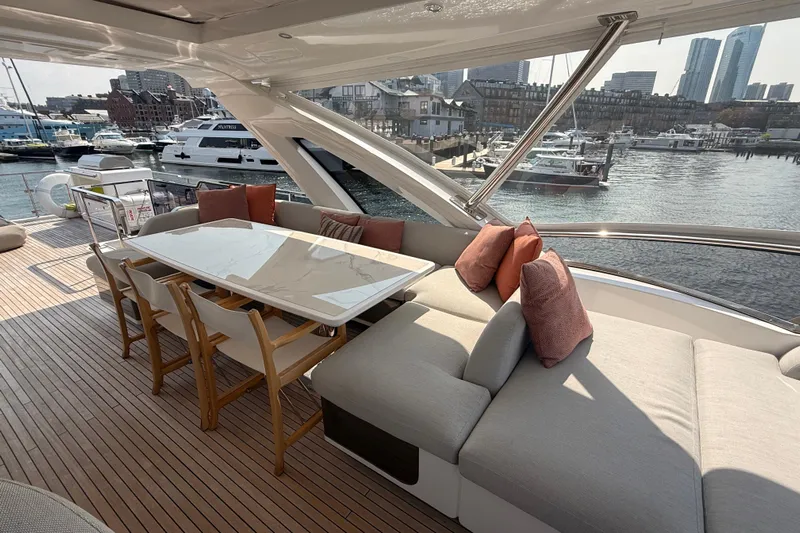  Yacht Photos Pics Luxurious 2025 Azimut 25 Metri Grande yacht deck with elegant seating and waterfront view.