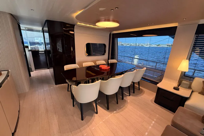 Yacht Photos Pics Luxurious interior of 2025 Azimut 25 Metri Grande yacht with elegant dining area and sea view.