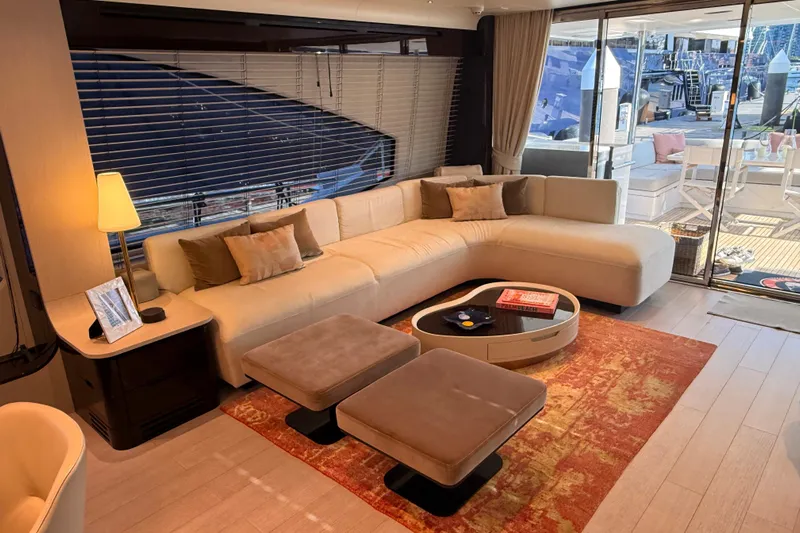  Yacht Photos Pics Luxurious interior of 2025 Azimut 25 Metri Grande yacht with elegant seating and decor.
