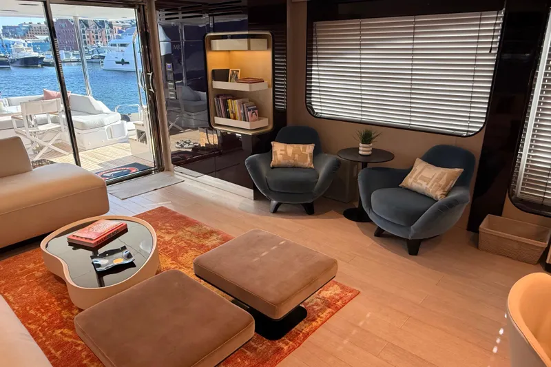  Yacht Photos Pics Luxurious interior of 2025 Azimut 25 Metri Grande yacht with modern seating and decor.