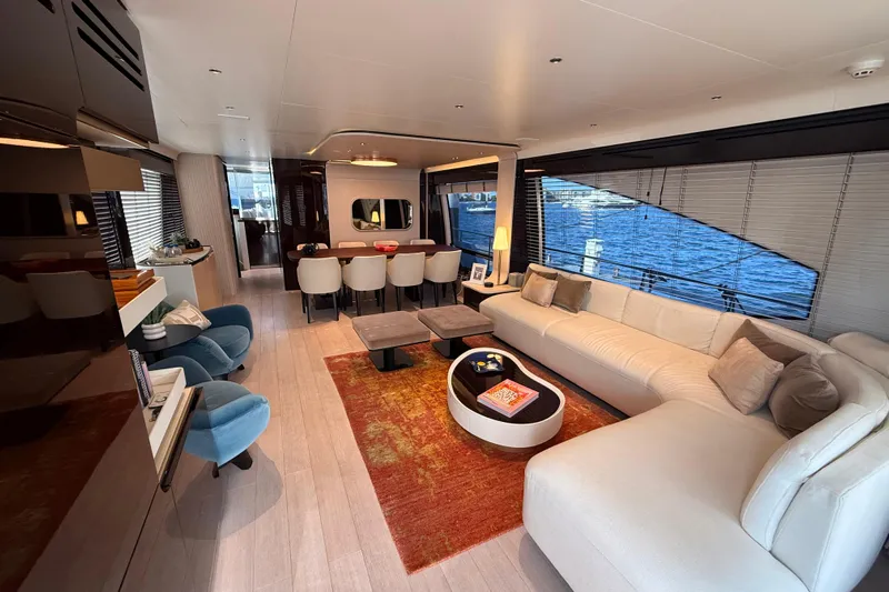  Yacht Photos Pics Luxurious interior of 2025 Azimut 25 Metri Grande yacht with elegant seating and sea view.