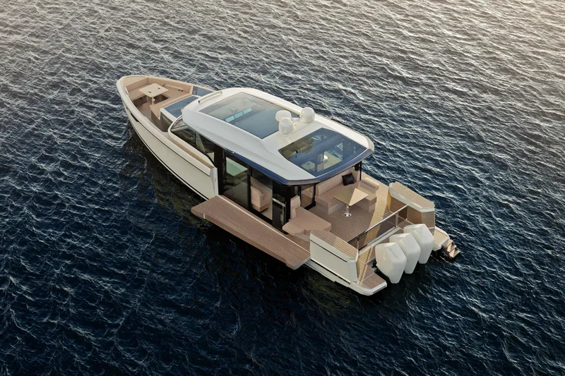  Yacht Photos Pics 2026 Saxdor 460 GTC luxury yacht on open water, showcasing sleek design and spacious deck.