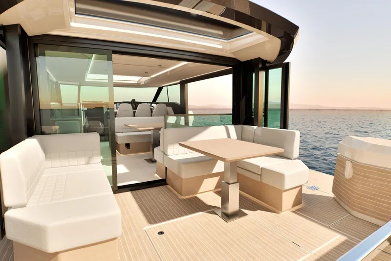  Yacht Photos Pics Luxurious Saxdor 460 GTC yacht interior, 2026 model, featuring elegant seating and ocean view.