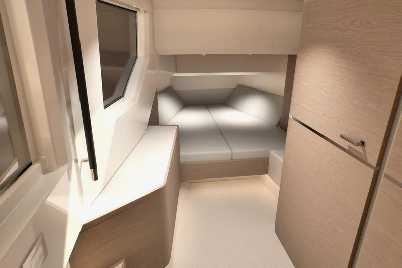  Yacht Photos Pics Interior cabin of 2026 Saxdor 460 GTC, featuring modern design and comfortable sleeping area.