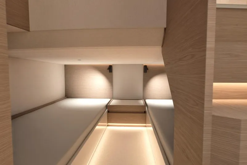  Yacht Photos Pics Modern interior cabin of 2026 Saxdor 460 GTC yacht, featuring sleek wood finishes and ambient lighting.