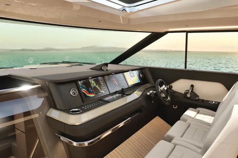  Yacht Photos Pics Interior of 2026 Saxdor 460 GTC yacht with modern navigation controls and sea view.