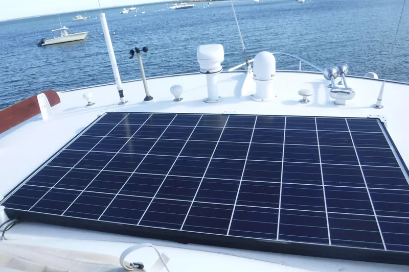  Yacht Photos Pics Solar panel on 1999 Custom Jack Gilbert 50 Trawler, ocean view in background.