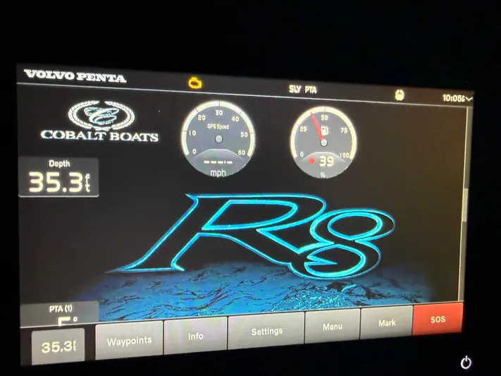  Yacht Photos Pics Cobalt R8 Surf 2022 boat display showing speed and depth.