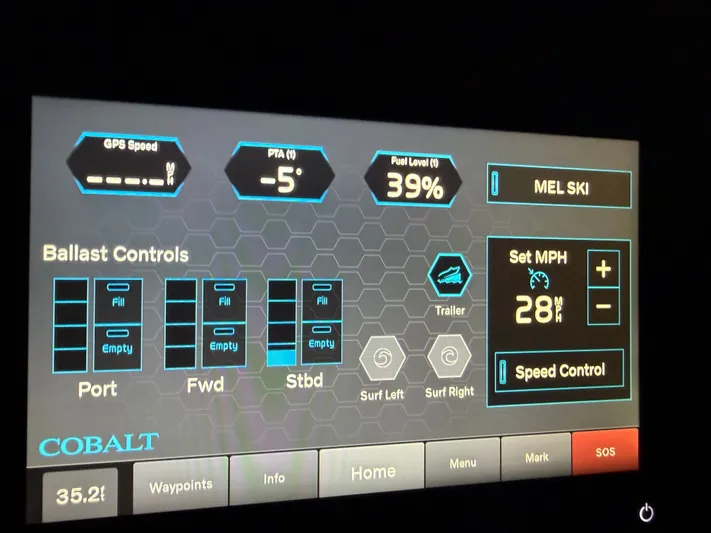  Yacht Photos Pics Cobalt R8 Surf 2022 boat control display with speed and ballast indicators.