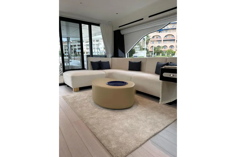  Yacht Photos Pics Luxurious interior of 2023 Azimut Fly 78 yacht with modern seating and elegant decor.