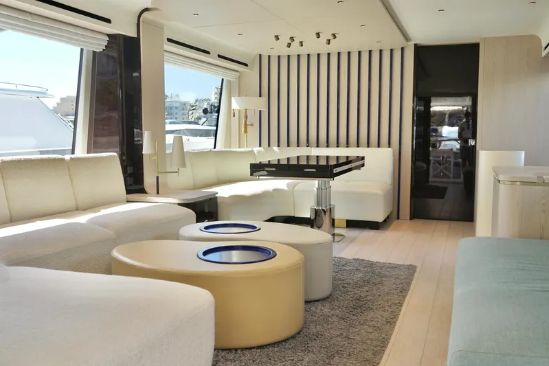  Yacht Photos Pics Luxurious interior of 2023 Azimut Fly 78 yacht with modern furnishings and large windows.