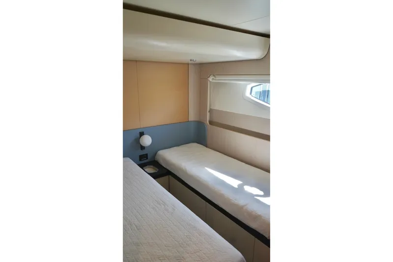  Yacht Photos Pics 2023 Azimut Fly 78 yacht cabin interior with modern design and natural light.