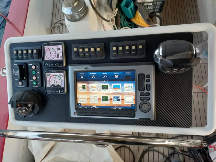 Felitsata II Yacht Photos Pics Control panel of a 2011 Moody 62 DS yacht with navigation instruments.