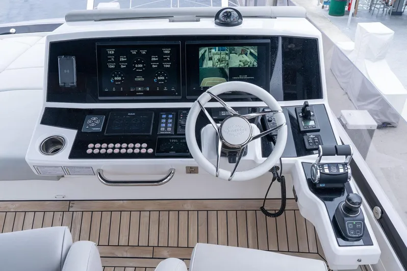  Yacht Photos Pics 2024 Sunseeker Manhattan 68 yacht helm with advanced navigation controls and sleek design.