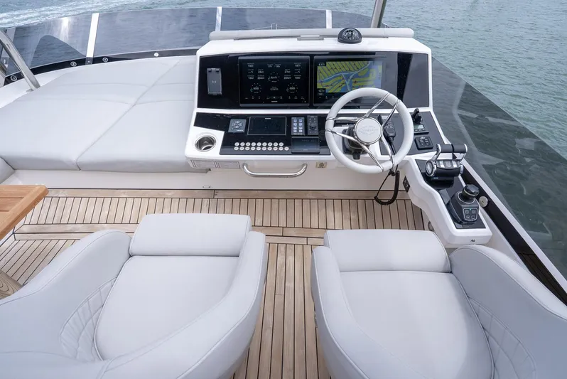  Yacht Photos Pics 2024 Sunseeker Manhattan 68 yacht helm with modern controls and luxurious seating.
