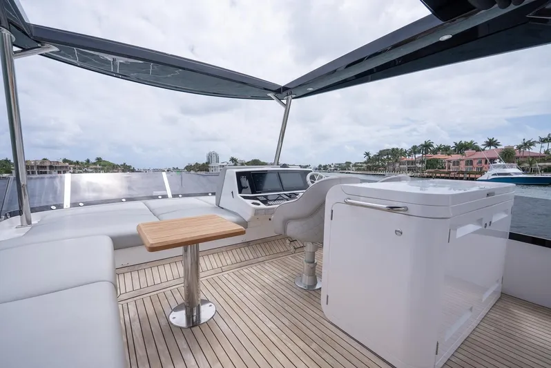  Yacht Photos Pics 2024 Sunseeker Manhattan 68 yacht deck with seating, table, and helm under canopy.