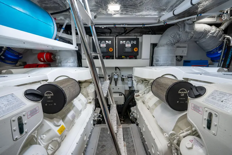  Yacht Photos Pics Engine room of 2024 Sunseeker Manhattan 68 yacht, featuring dual MAN engines.