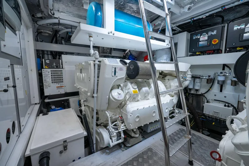  Yacht Photos Pics Engine room of 2024 Sunseeker Manhattan 68 yacht, featuring advanced machinery and equipment.