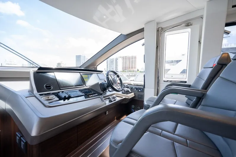  Yacht Photos Pics 2024 Sunseeker Manhattan 68 yacht helm with modern controls and luxurious seating.