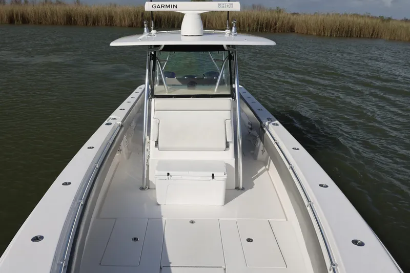  Yacht Photos Pics 2017 Contender 39 ST boat with Garmin radar on calm water.