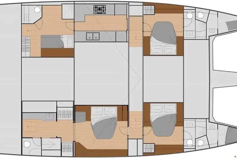  Yacht Photos Pics Floor plan of 2023 Fountaine Pajot Samana 59 catamaran, featuring cabins and living spaces.