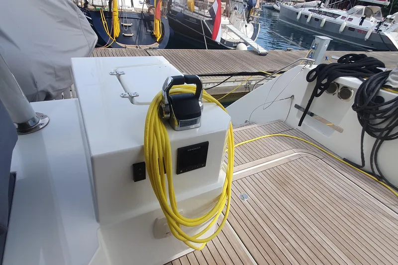  Yacht Photos Pics Deck of 2023 Fountaine Pajot Samana 59 yacht with coiled yellow ropes.