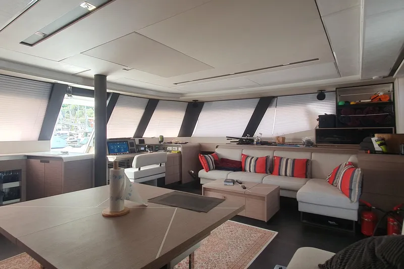  Yacht Photos Pics Luxurious interior of 2023 Fountaine Pajot Samana 59 yacht with modern furnishings.