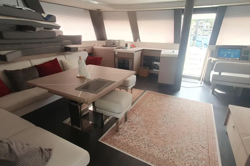  Yacht Photos Pics Luxurious interior of 2023 Fountaine Pajot Samana 59 yacht with elegant furnishings.