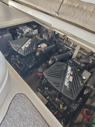  Yacht Photos Pics Engine compartment of 2004 Sea Ray 360 Sundancer with twin Mercury engines.