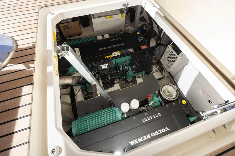 Four At Sea Yacht Photos Pics Engine compartment of a 2019 Prestige 460 yacht with Volvo Penta IPS 600 engines.