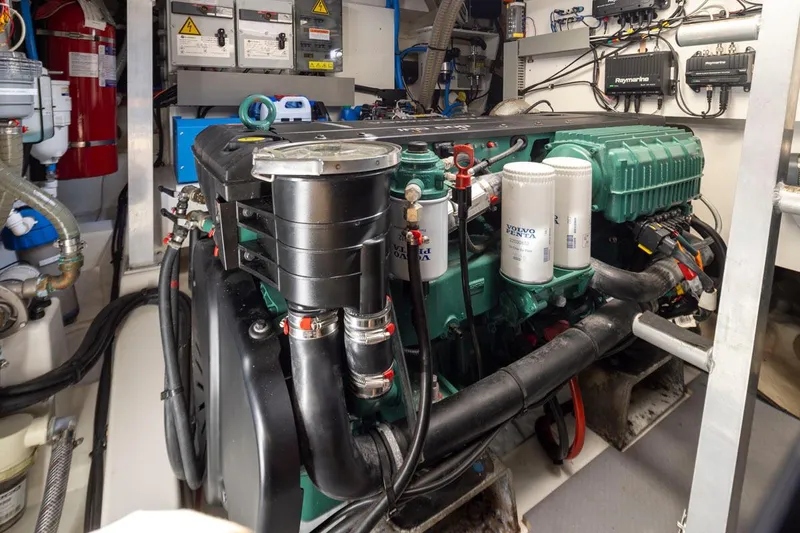 Four At Sea Yacht Photos Pics Engine room of a 2019 Prestige 460 yacht, featuring Volvo Penta components.